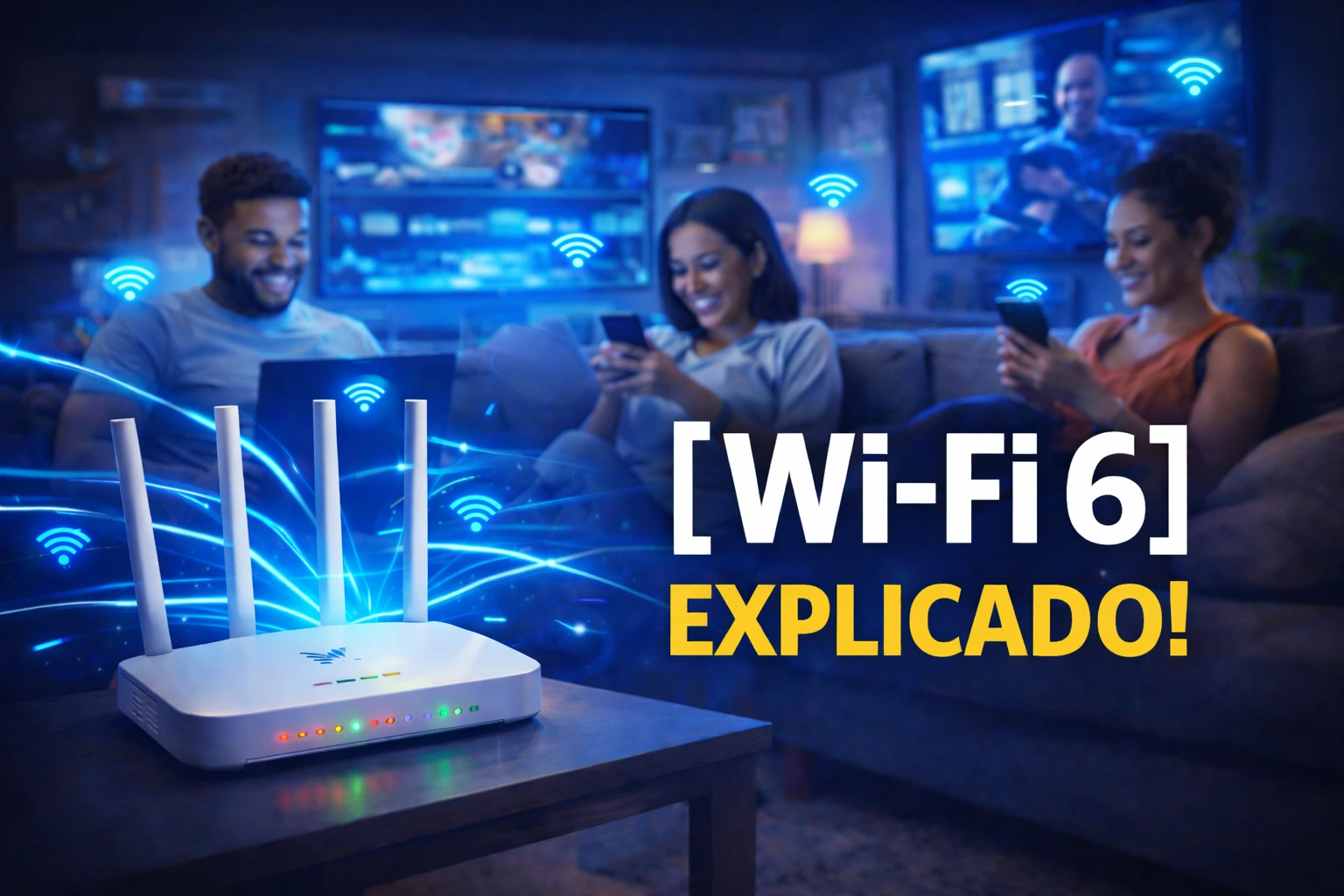 Pessoas conectadas com múltiplos dispositivos usando Wi-Fi 6 em uma casa moderna, com roteador em destaque e conexão estável.