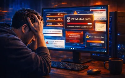 pc lento no Windows com computador travando e várias janelas de erro no monitor