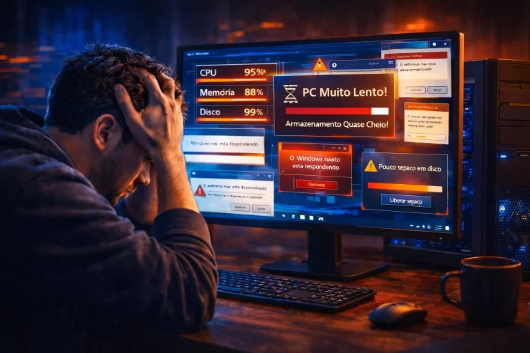 pc lento no Windows com computador travando e várias janelas de erro no monitor
