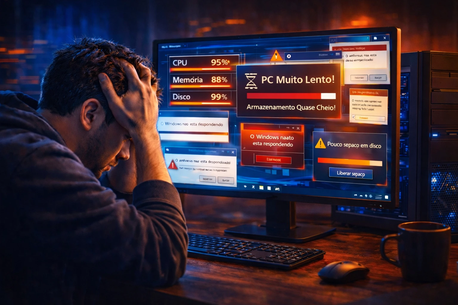 pc lento no Windows com computador travando e várias janelas de erro no monitor