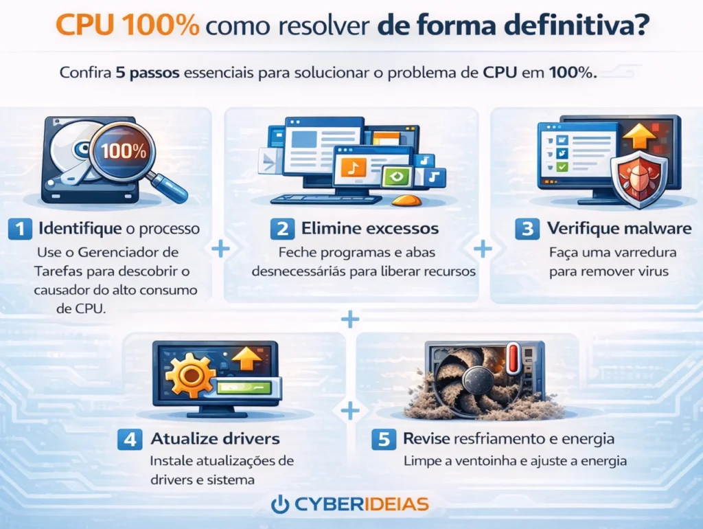infográfico CPU 100% como resolver de forma definitiva com 5 passos