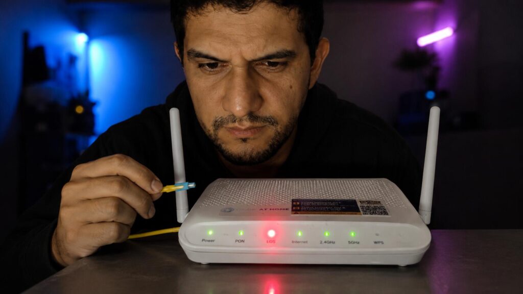 Danyel Mendes verificando a luz LOS vermelha no roteador de fibra óptica