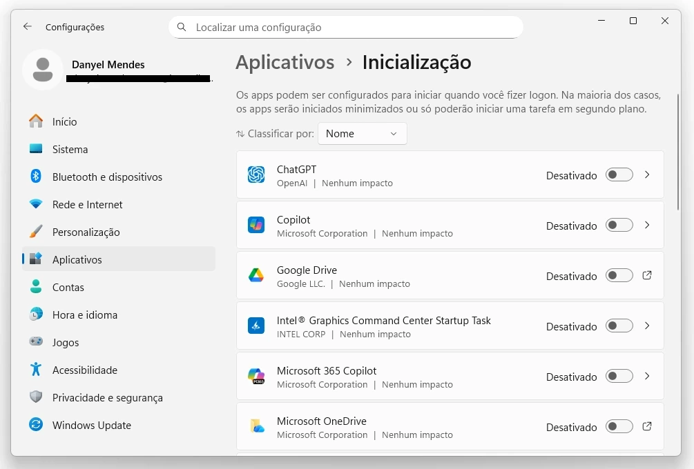 Tela de aplicativos de inicialização no Windows 11 para desativar programas ao ligar o PC