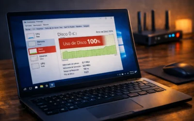 Disco em 100 de uso no Windows mostrado no Gerenciador de Tarefas em notebook