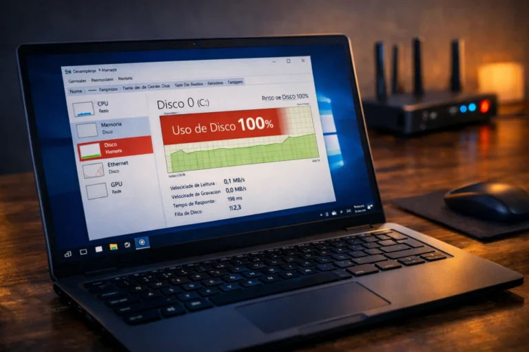Disco em 100 de uso no Windows mostrado no Gerenciador de Tarefas em notebook