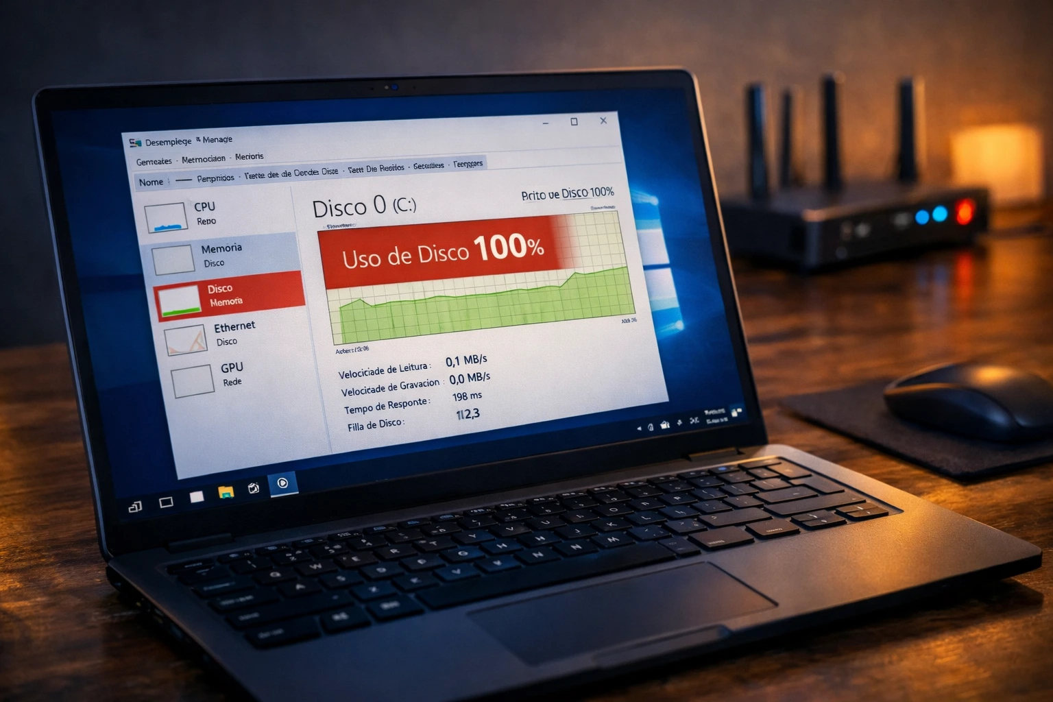 Disco em 100 de uso no Windows mostrado no Gerenciador de Tarefas em notebook