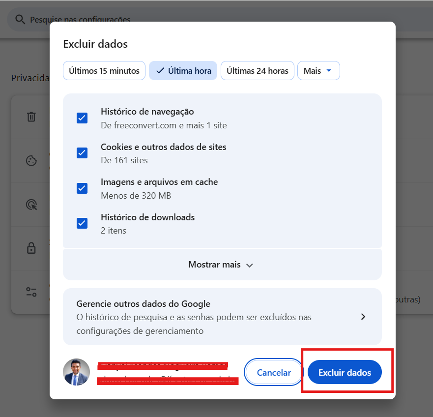 Tela do Google Chrome mostrando a exclusão de cache do navegador com botão “Excluir dados” destacado