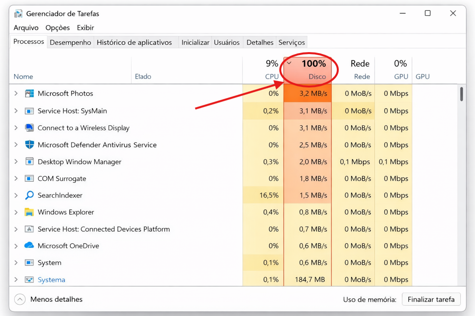 gerenciador de tarefas windows disco em 100 uso constante