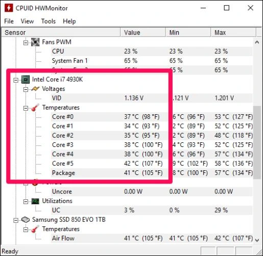 Tela do HWMonitor mostrando temperaturas da CPU com destaque em vermelho.