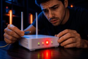 Luz vermelha no roteador enquanto usuário verifica conector da fibra óptica em ONU residencial com falha no sinal da internet.