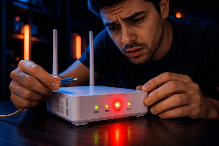 Luz vermelha no roteador enquanto usuário verifica conector da fibra óptica em ONU residencial com falha no sinal da internet.