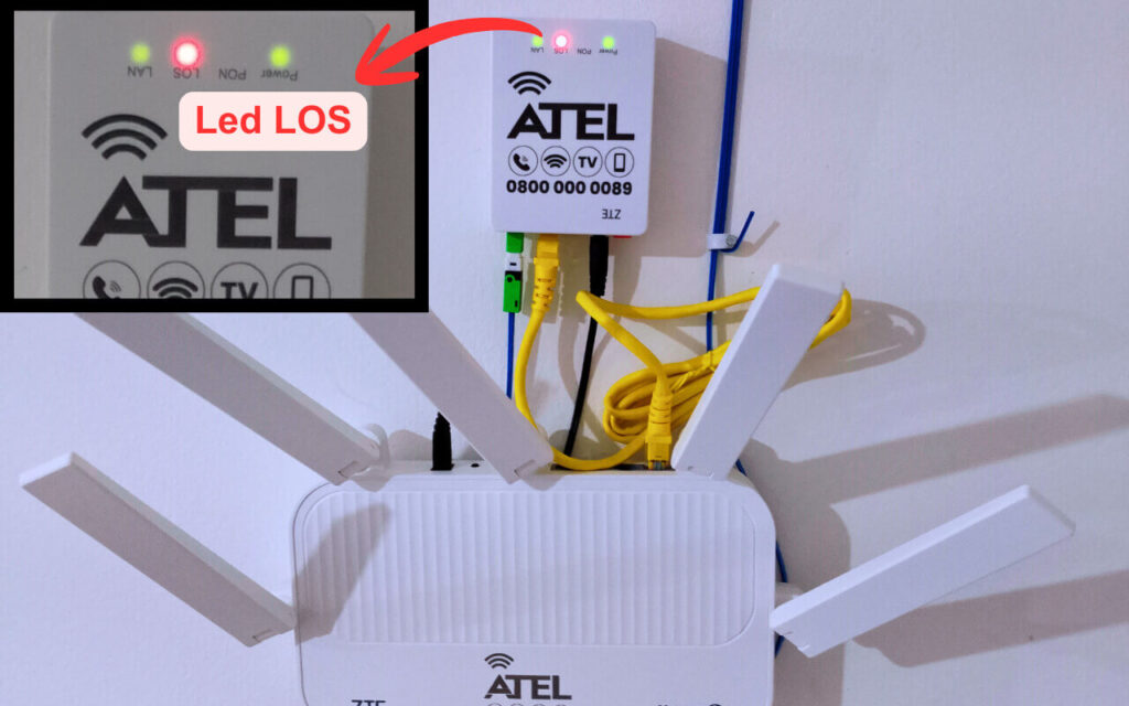 ONU de fibra óptica com LED LOS vermelho aceso conectada a um roteador Wi-Fi residencial, indicando perda de sinal óptico na internet.