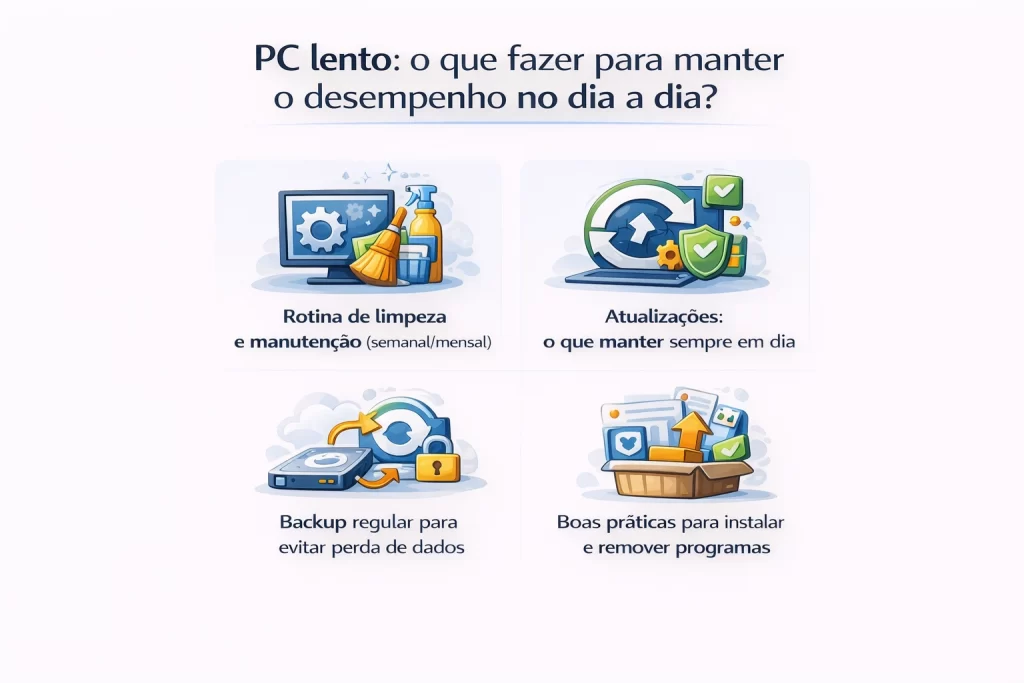 PC lento o que fazer para manter o desempenho no dia a dia: rotina de limpeza, atualizações do sistema, backup de dados e boas práticas para instalar programas