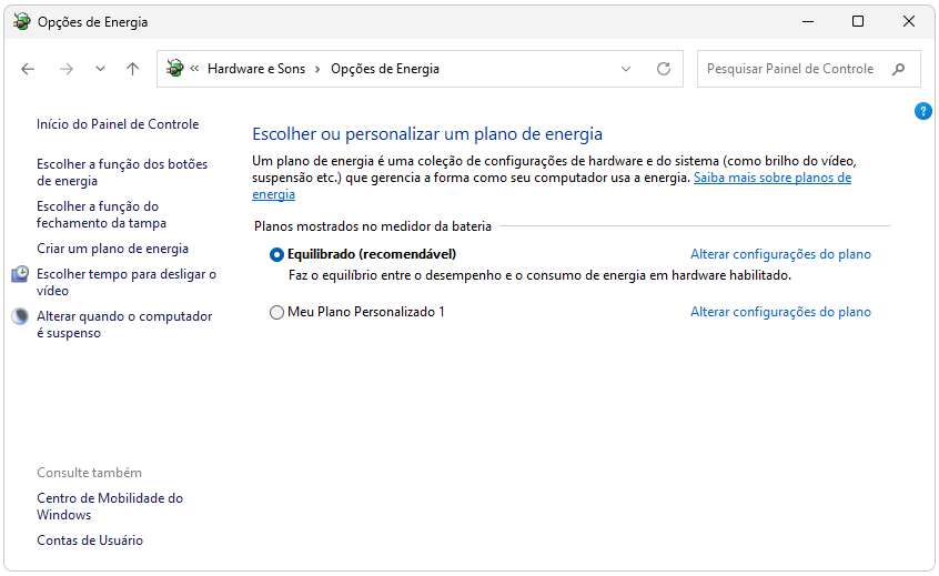 tela de opções de energia do Windows com plano equilibrado selecionado