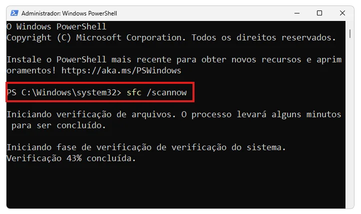 comando sfc scannow no powershell windows 11 verificar arquivos do sistema