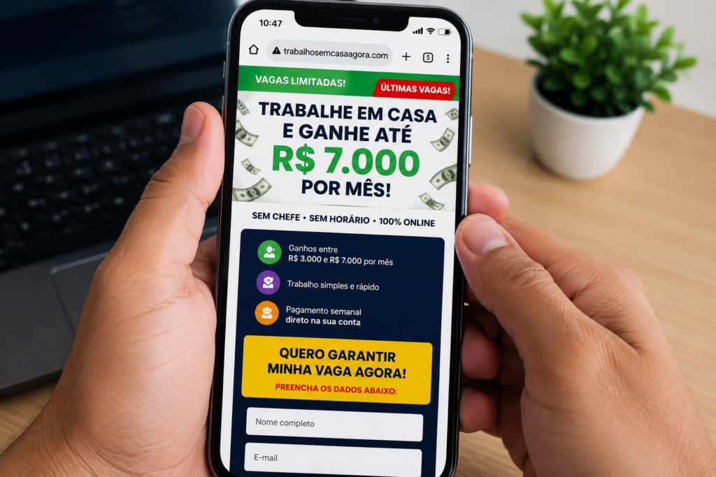 celular acessando site falso de vagas de emprego com promessa de ganhos fáceis na internet
