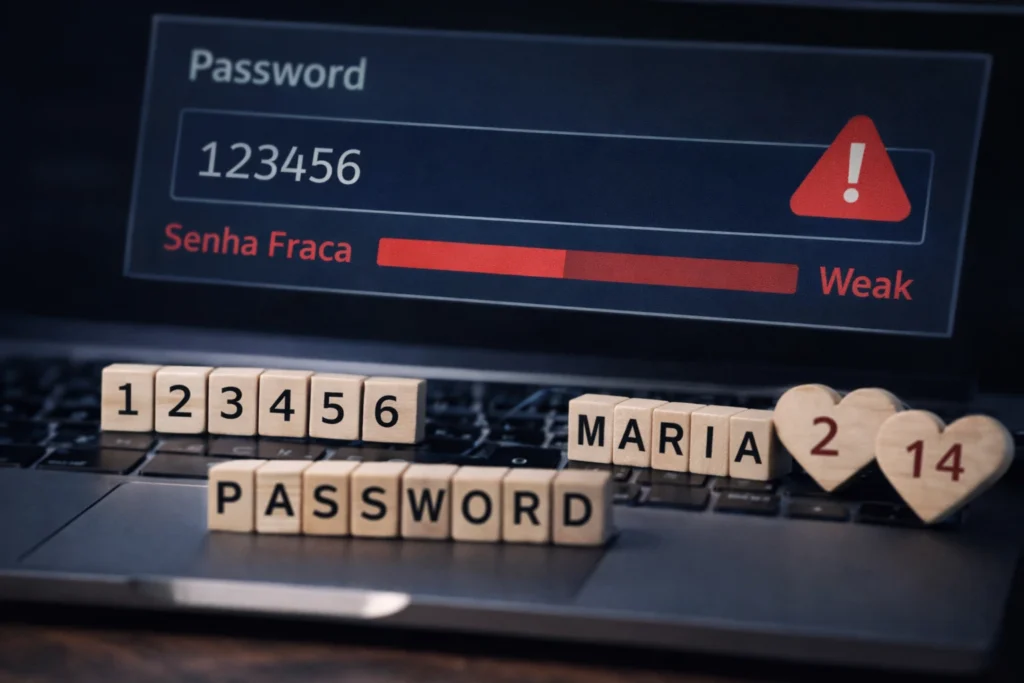 Senha fraca 123456 com alerta de segurança mostrando risco na internet