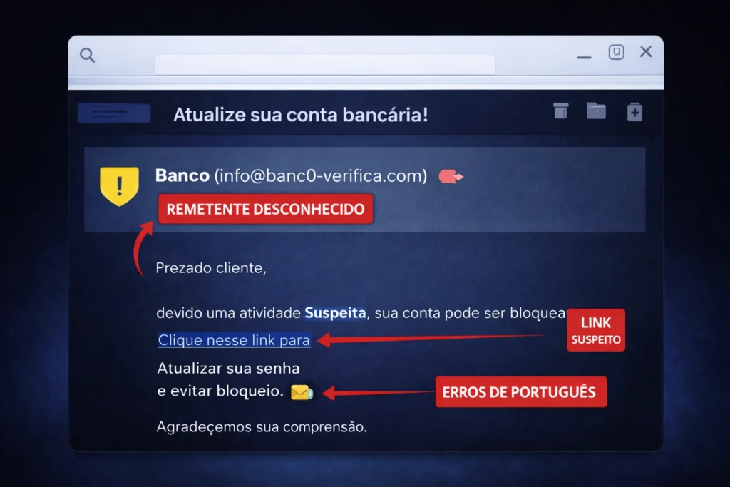 email falso phishing com link suspeito e erros de segurança
