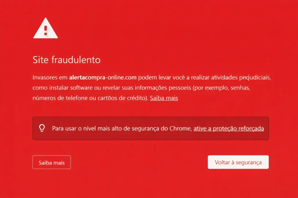 aviso de site fraudulento com alerta de segurança digital
