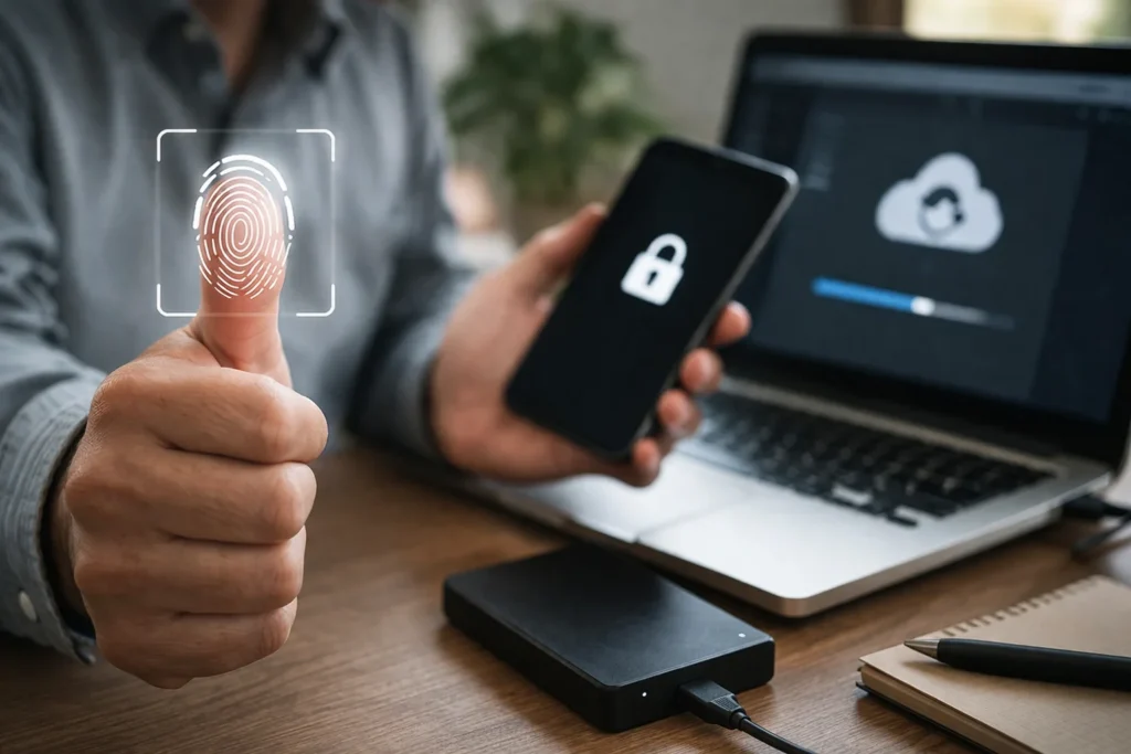 Pessoa utilizando celular e notebook com cadeado digital e backup de dados representando boas práticas de segurança na internet
