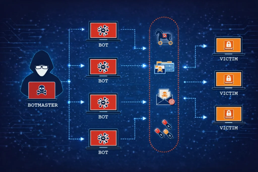 como funciona bots e botnets com rede de computadores controlados por hackers