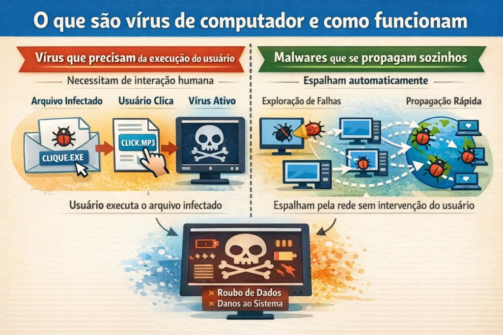 Infográfico mostrando como funciona um vírus de computador, comparando vírus que precisam da ação do usuário com malwares que se propagam automaticamente pela rede