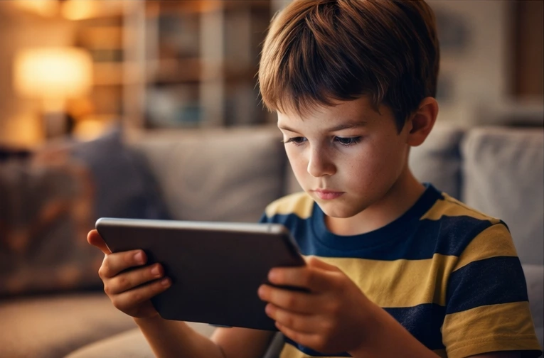 criança usando tablet exposta aos riscos da internet