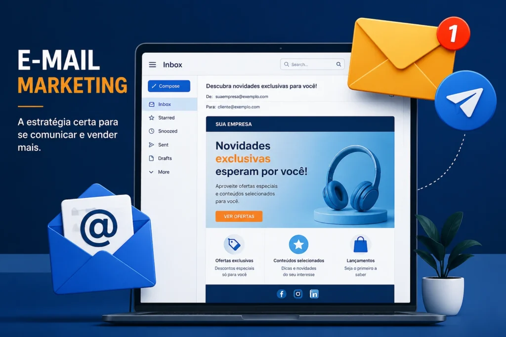 E-mail marketing exibido em notebook com mensagem promocional profissional e layout moderno