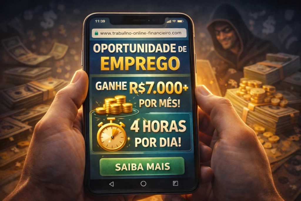Site de emprego online exibido no celular prometendo ganhos altos com poucas horas de trabalho, representando golpe e promessas irreais na internet