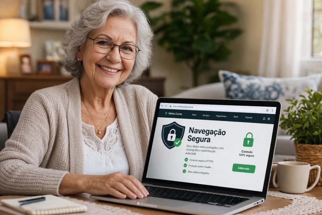 idosa usando notebook com navegação segura e proteção de dados