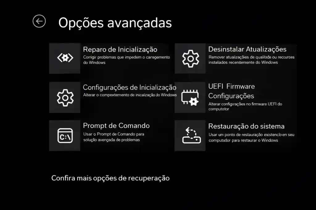 Tela de opções avançadas de recuperação do Windows em modo escuro com ferramentas como reparo de
inicialização e prompt de comando