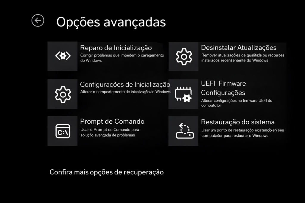 Tela de opções avançadas de recuperação do Windows em modo escuro com ferramentas como reparo de inicialização e prompt de comando