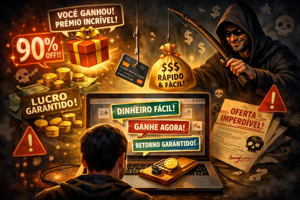 Ofertas tentadoras na internet com promessas irreais de lucro fácil e descontos exagerados, representando riscos digitais e golpes online