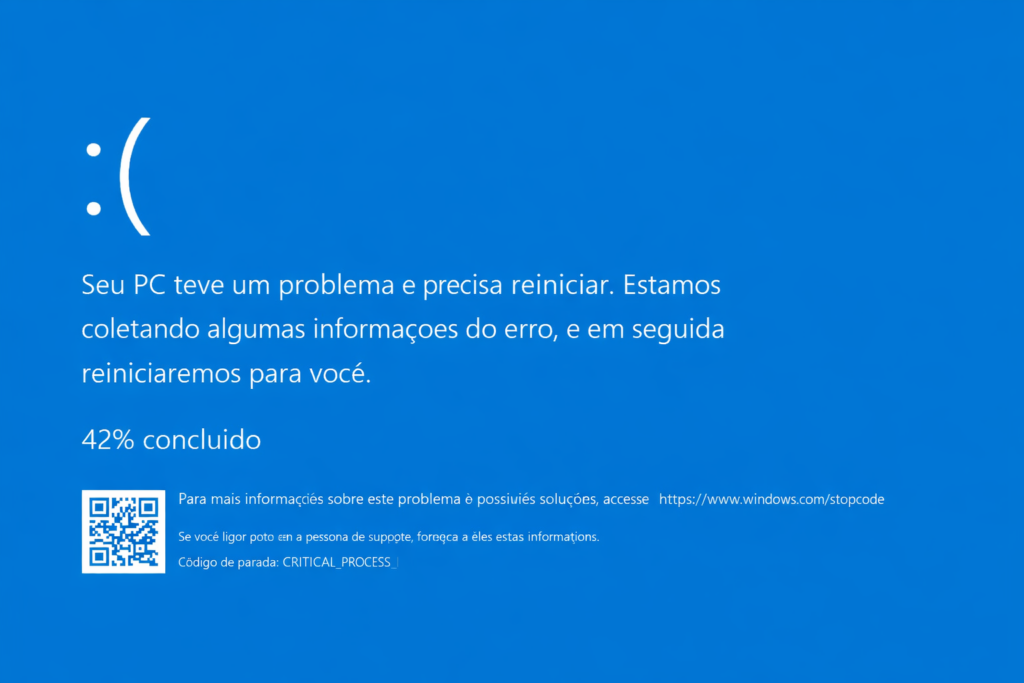 Tela azul de erro do sistema indicando falha crítica no Windows e necessidade de reinicialização do computador