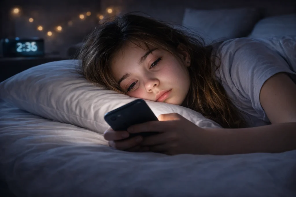 Adolescente cansada deitada na cama usando celular à noite com expressão de sono e uso excessivo de dispositivos digitais
