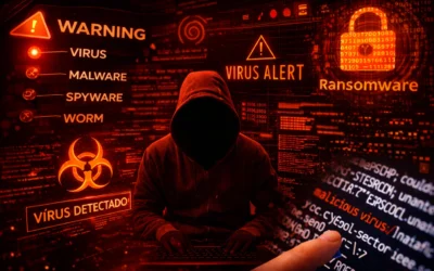 Vírus de computador mais comuns exibidos em alerta digital com malware, spyware, worm e ransomware em interface cibernética