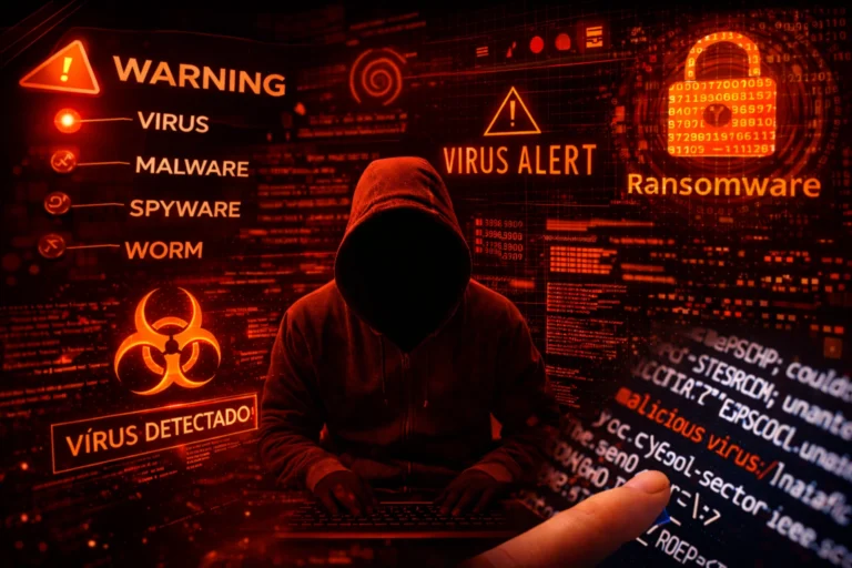 Vírus de computador mais comuns exibidos em alerta digital com malware, spyware, worm e ransomware em interface cibernética