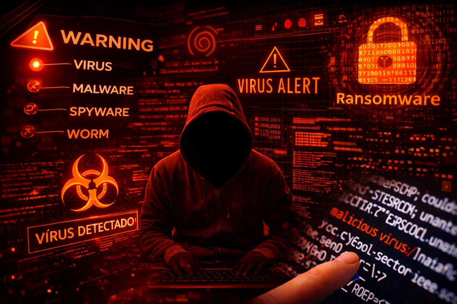 Vírus de computador mais comuns exibidos em alerta digital com malware, spyware, worm e ransomware em interface cibernética
