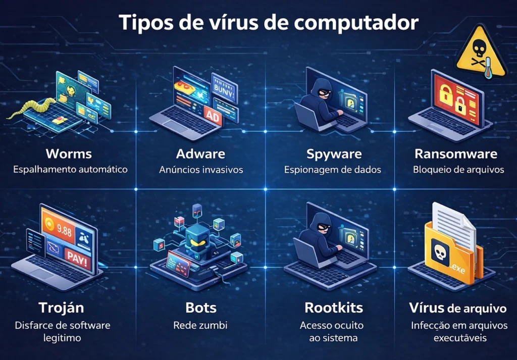 vírus de computador mais comuns e como se proteger infográfico com tipos de vírus de pc