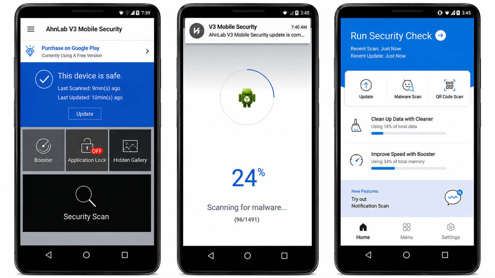 Telas do aplicativo AhnLab V3 Mobile Security para Android mostrando verificação de malware, proteção do dispositivo e ferramentas de otimização.
