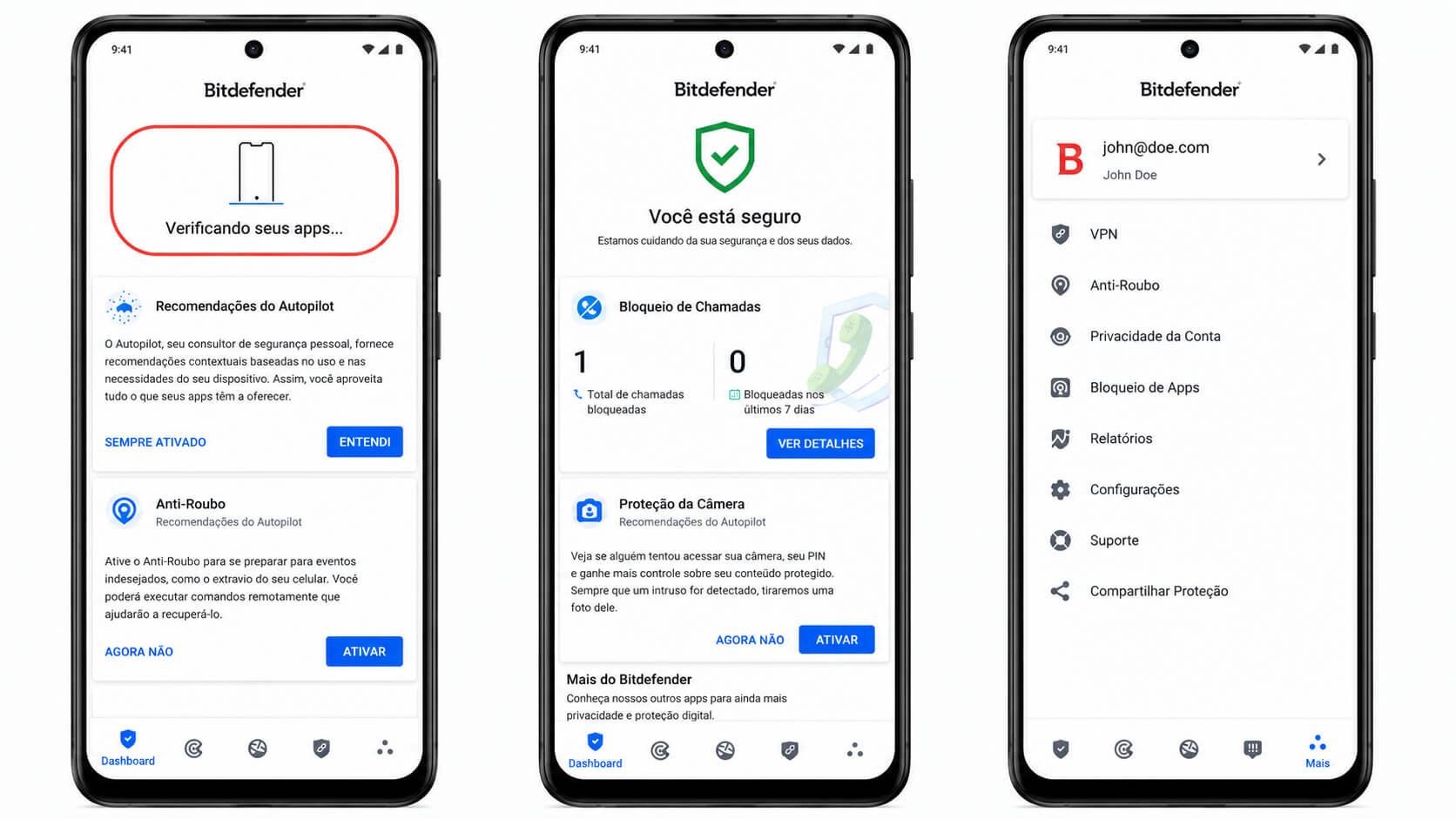 Telas do aplicativo Bitdefender Mobile Security exibindo verificação de apps, proteção do dispositivo e menu de recursos de segurança.