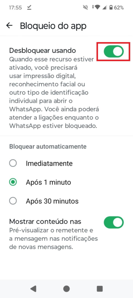 Como botar senha no WhatsApp ativando desbloqueio por impressão digital e bloqueio automático