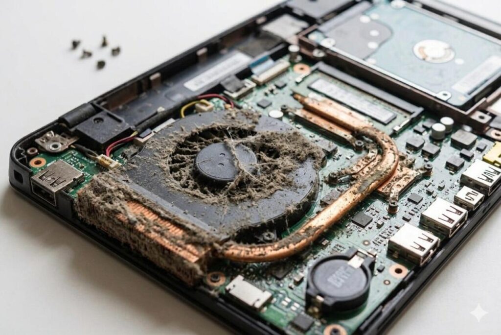Foto em ângulo aberto do interior de um notebook aberto sobre uma bancada clara. Em destaque, um sistema de resfriamento com apenas um cooler completamente coberto por uma camada espessa de poeira cinza e fiapos. Os tubos de dissipação de cobre também apresentam acúmulo de sujeira, bloqueando a saída de ar.