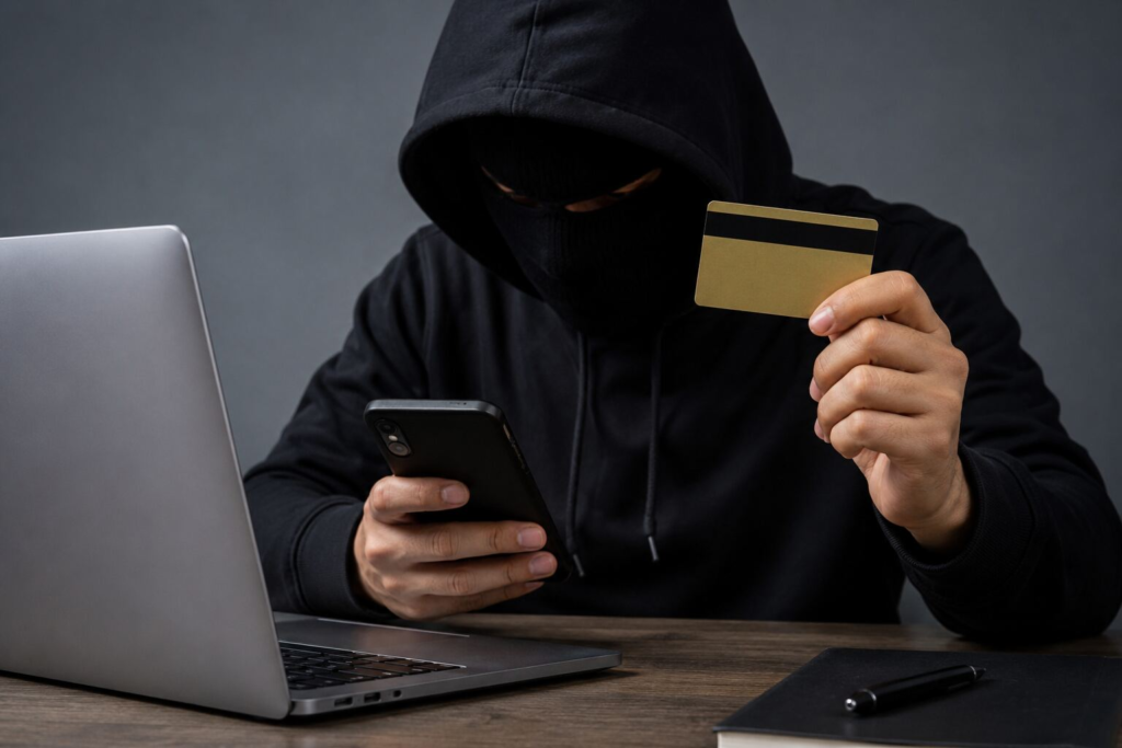 criminoso virtual utilizando cartão bancário em golpe online de roubo de dados
