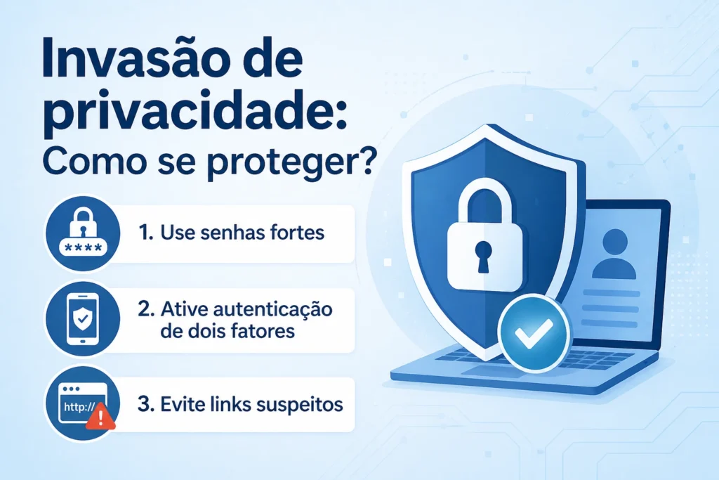 Infográfico sobre invasão de privacidade com dicas de segurança como uso de senhas fortes, autenticação em dois fatores e evitar links suspeitos