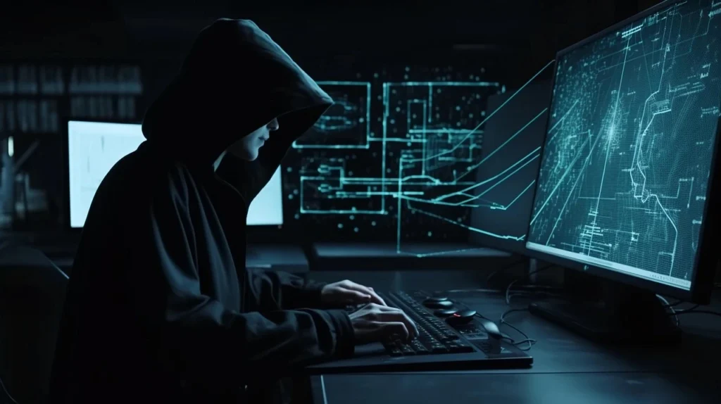 Pessoa utilizando computador em ambiente escuro representando invasão de privacidade digital e crimes cibernéticos