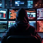Invasão de privacidade é crime: hacker monitorando dispositivos e câmeras em múltiplas telas