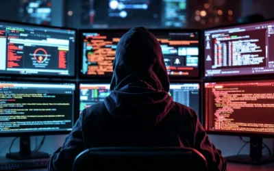 Invasão de privacidade é crime: hacker monitorando dispositivos e câmeras em múltiplas telas