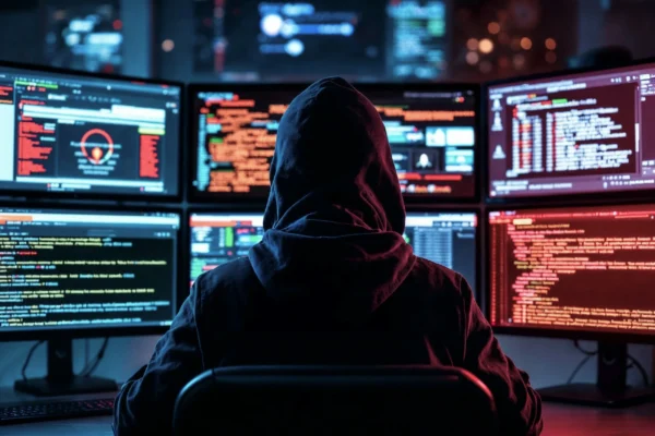 Invasão de privacidade é crime: hacker monitorando dispositivos e câmeras em múltiplas telas