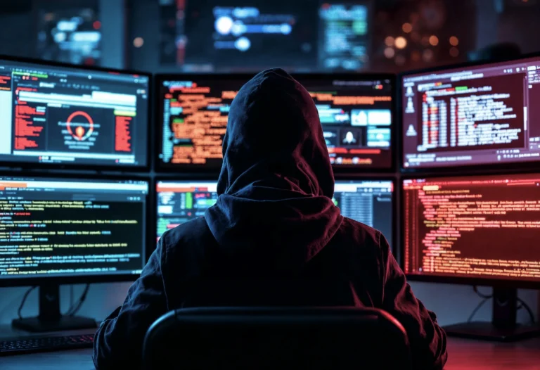 Invasão de privacidade é crime: hacker monitorando dispositivos e câmeras em múltiplas telas